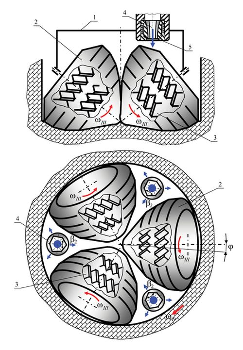 Принципиальная схема трехшарошечного бурового долота с боковой симметричной гидромониторной схемой промывки, оснащенная насадками с асимметричным шестигранным поперечным сечением