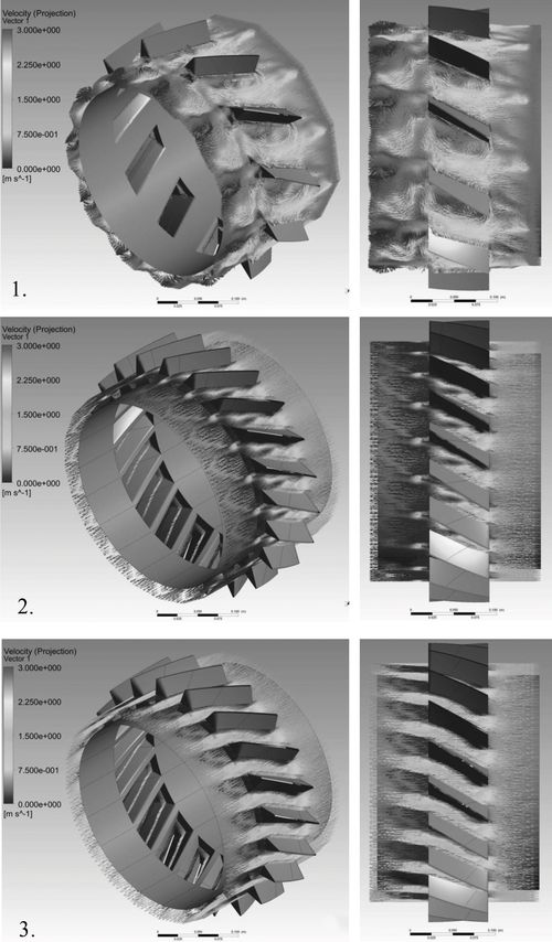 Модели (3D) венцов шарошек с косозубым вооружением различной конфигурации потока 0,1 м/с.